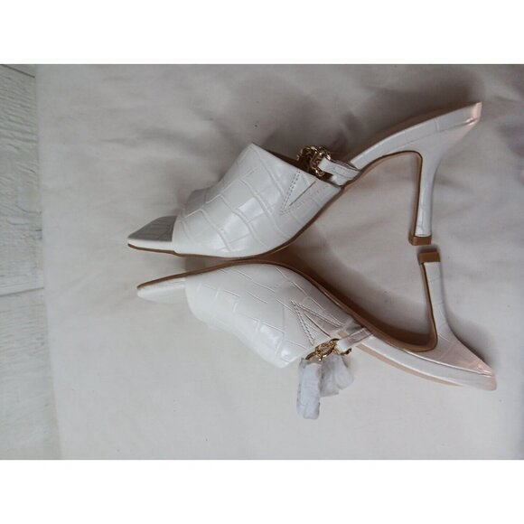 Coutgo Womens 6.5 White Sandal Mules Chain Square Toe High Kitten Heel Slip on - Picture 5 of 6